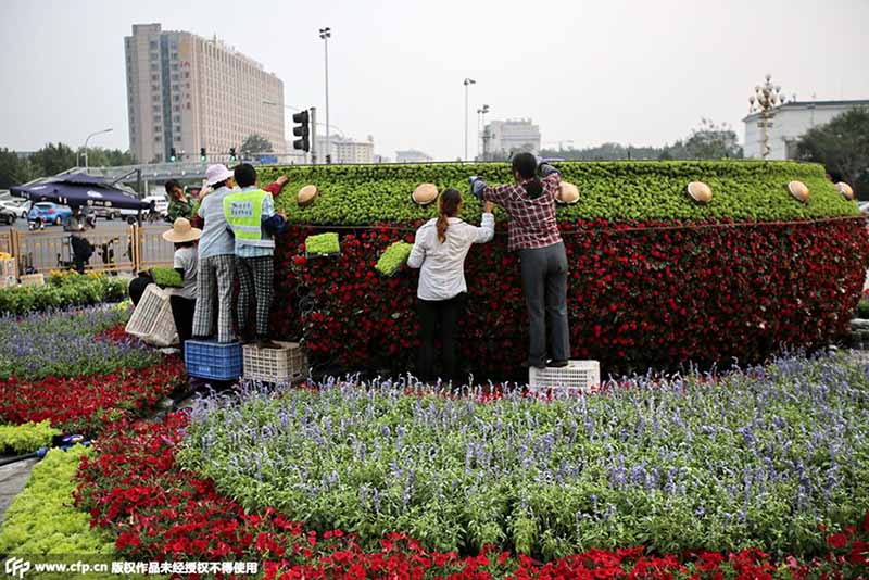 Canteiros de flores no centro de Beijing para celebrar aniversário da vitória contra agress?o japonesa