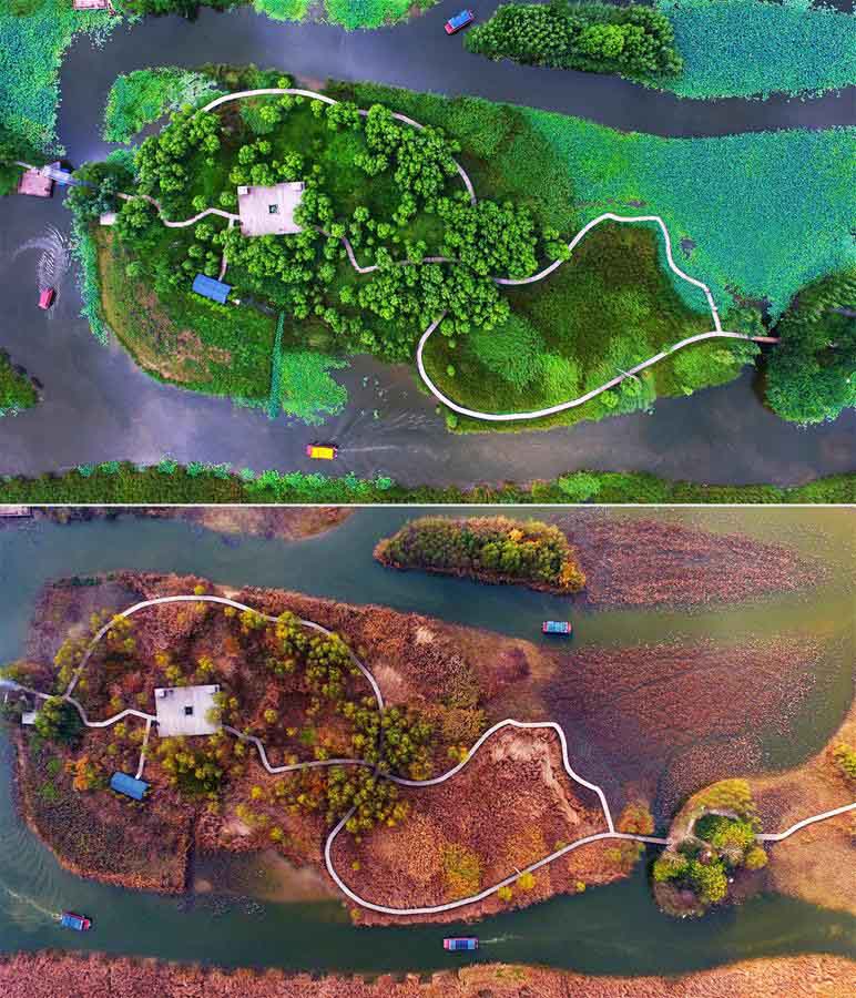 Paisgens de ver?o e inverno do Canal de Tai'erzhuang na província de Shandong