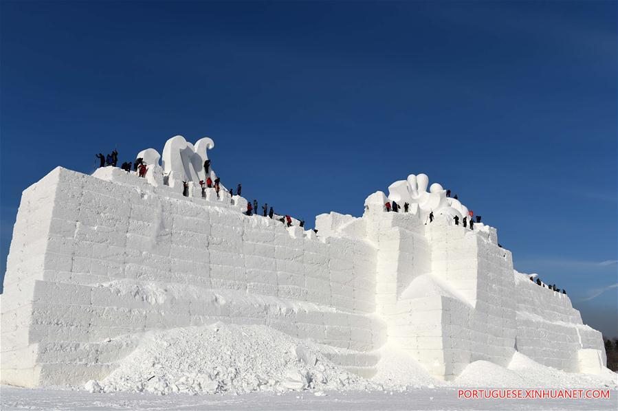 Artistas criam esculturas para exposi??o internacional de Esculturas de neve em Harbin