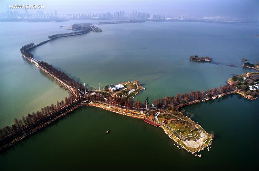 Caminhos verdes atravessam o Lago Donghu no centro da China
