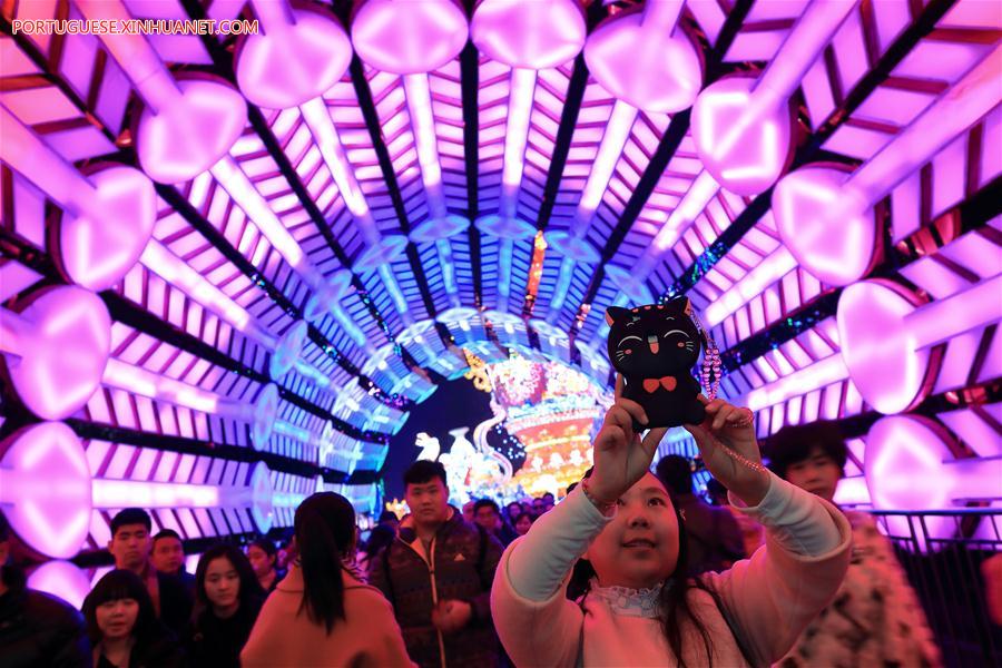 Lanternas coloridas s?o exibidas durante show de lanternas em Sichuan