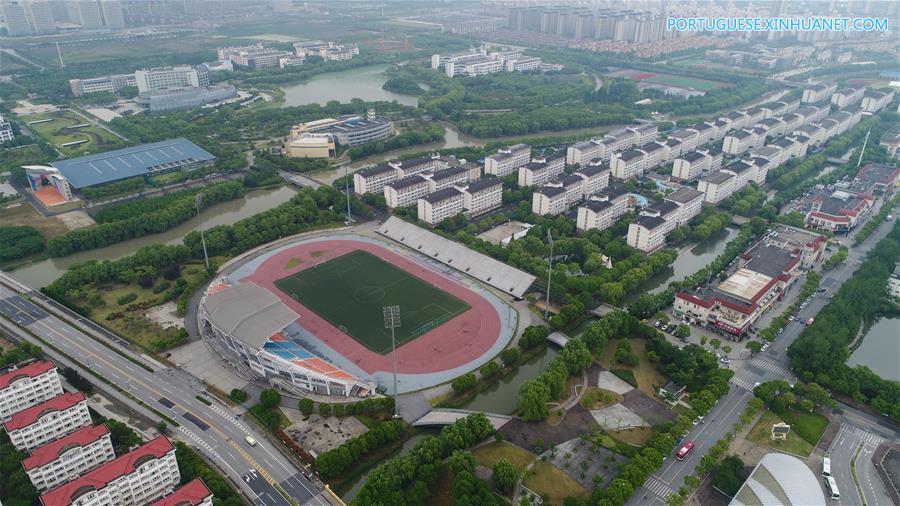Paisagem aérea do distrito de Songjiang em Shanghai