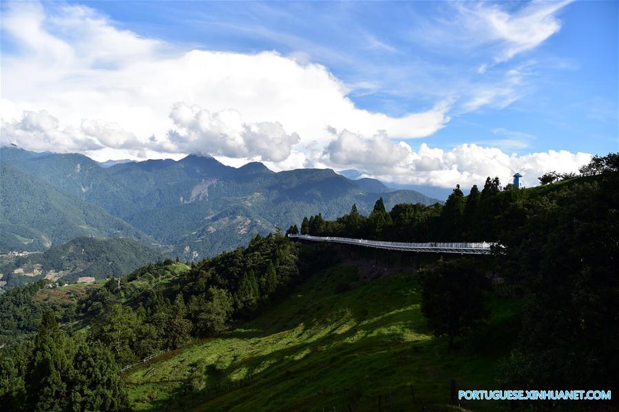 Pessoas aproveitam paisagem em trilha turística de alta altitude em Taiwan