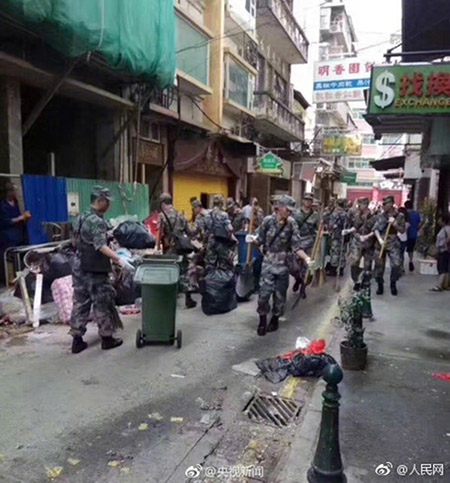 Tuf?o Hato: Soldados da Guarni??o do ELP em Macau s?o mobilizados para opera??es de limpeza