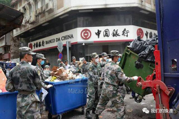 Tuf?o Hato: Soldados da Guarni??o do ELP em Macau s?o mobilizados para opera??es de limpeza