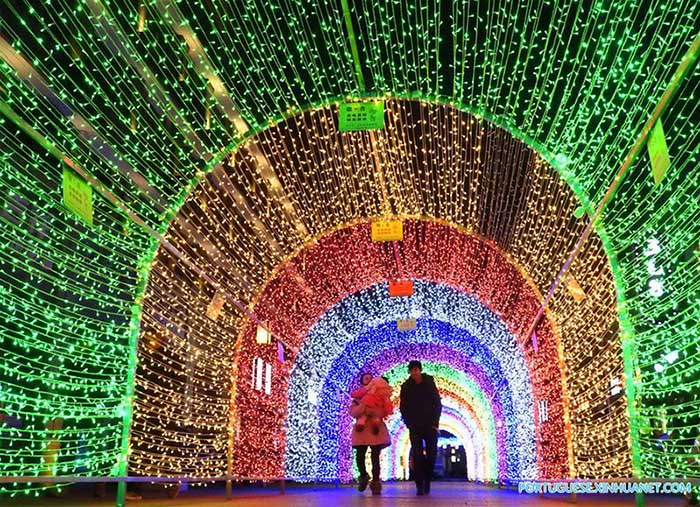 Projetos de ilumina??o temática instalados para receber Ano Novo chinês em Jiangsu