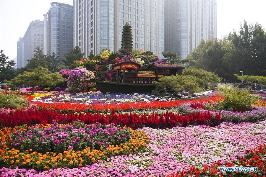 Canteiros de flores instalados em Beijing para celebrar o 70oaniversário da funda??o da Nova China