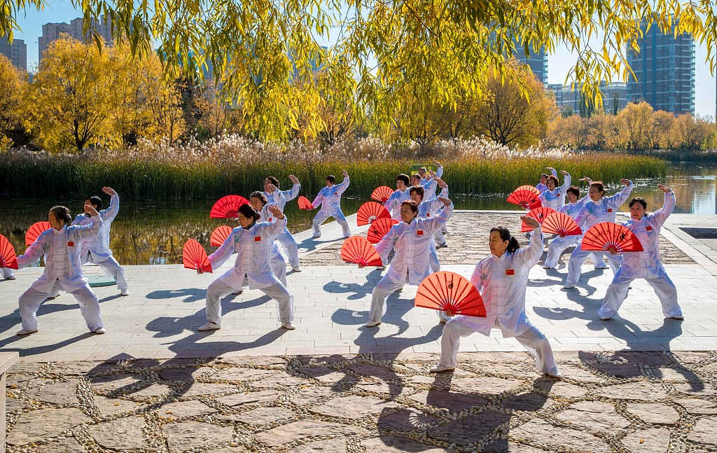 Entusiastas das artes marciais praticam dan?a tai chi em Hohhot