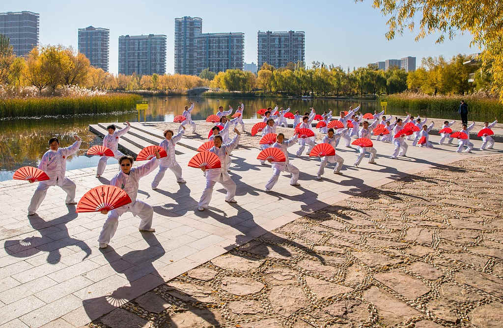 Entusiastas das artes marciais praticam dan?a tai chi em Hohhot