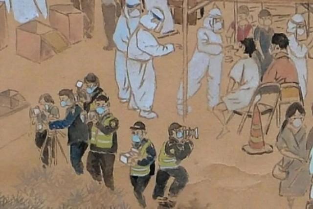 Pintura feita à m?o mostra cenas de preven??o e controle da pandemia na China
