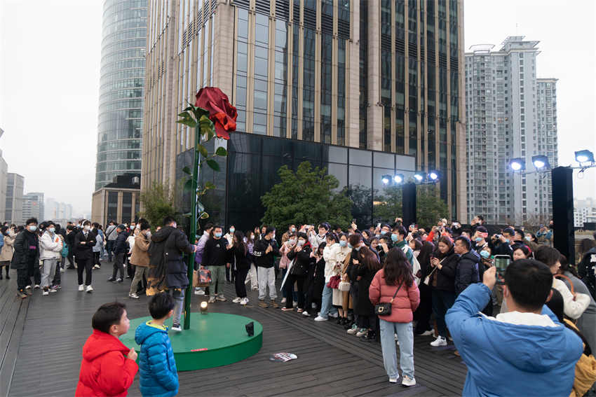 Escultura gigante de rosa instalada em Shanghai atrai cidad?os