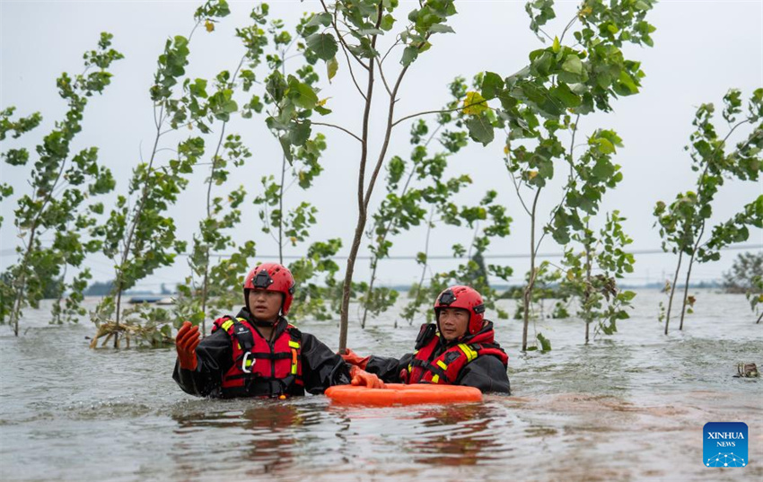 Equipe de resgate drena água de inunda??o no dique do Lago Dongting em Hunan