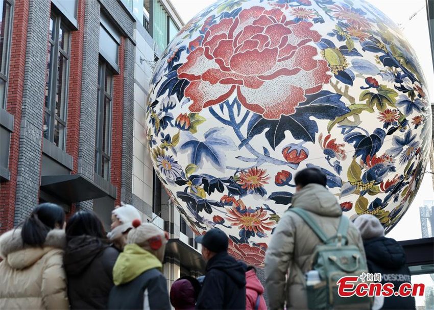 Lanterna gigante pintada com flores de pe?nia cria atmosfera festiva em Beijing