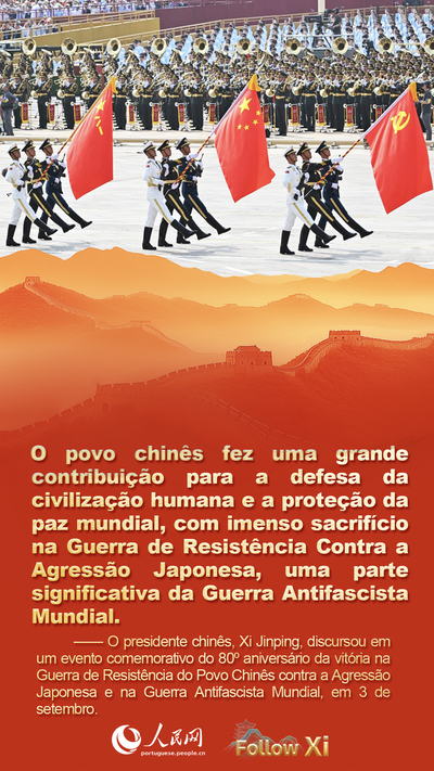 P?ster: Xi Jinping discursa em evento comemorativo do 80o aniversário da vitória na Guerra de Resistência do Povo Chinês contra a Agress?o Japonesa e na Guerra Antifascista Mundial