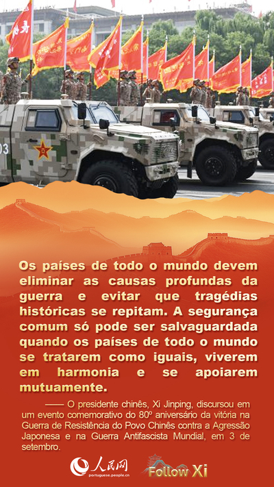 P?ster: Xi Jinping discursa em evento comemorativo do 80o aniversário da vitória na Guerra de Resistência do Povo Chinês contra a Agress?o Japonesa e na Guerra Antifascista Mundial
