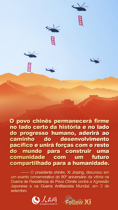P?ster: Xi Jinping discursa em evento comemorativo do 80o aniversário da vitória na Guerra de Resistência do Povo Chinês contra a Agress?o Japonesa e na Guerra Antifascista Mundial